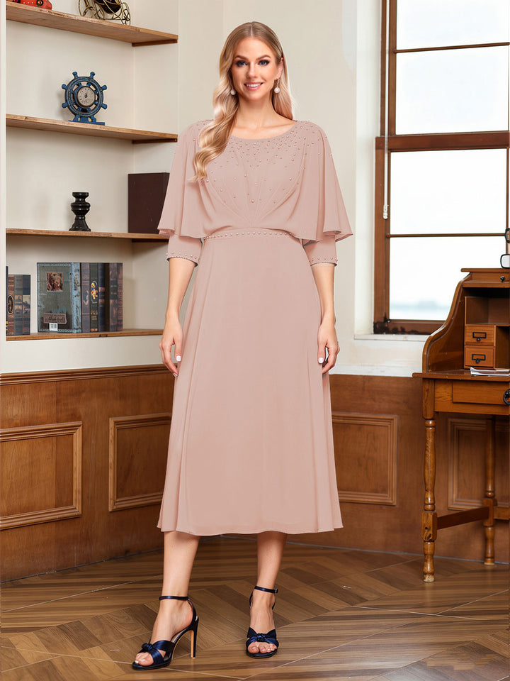 A-Line/Princess Scoop Half Sleeves Tea-Length Ruched Mother of the Bride with Beading &amp; Cape