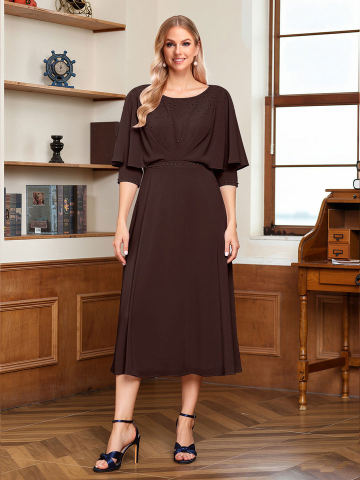 A-Line/Princess Scoop Half Sleeves Tea-Length Ruched Mother of the Bride with Beading &amp; Cape