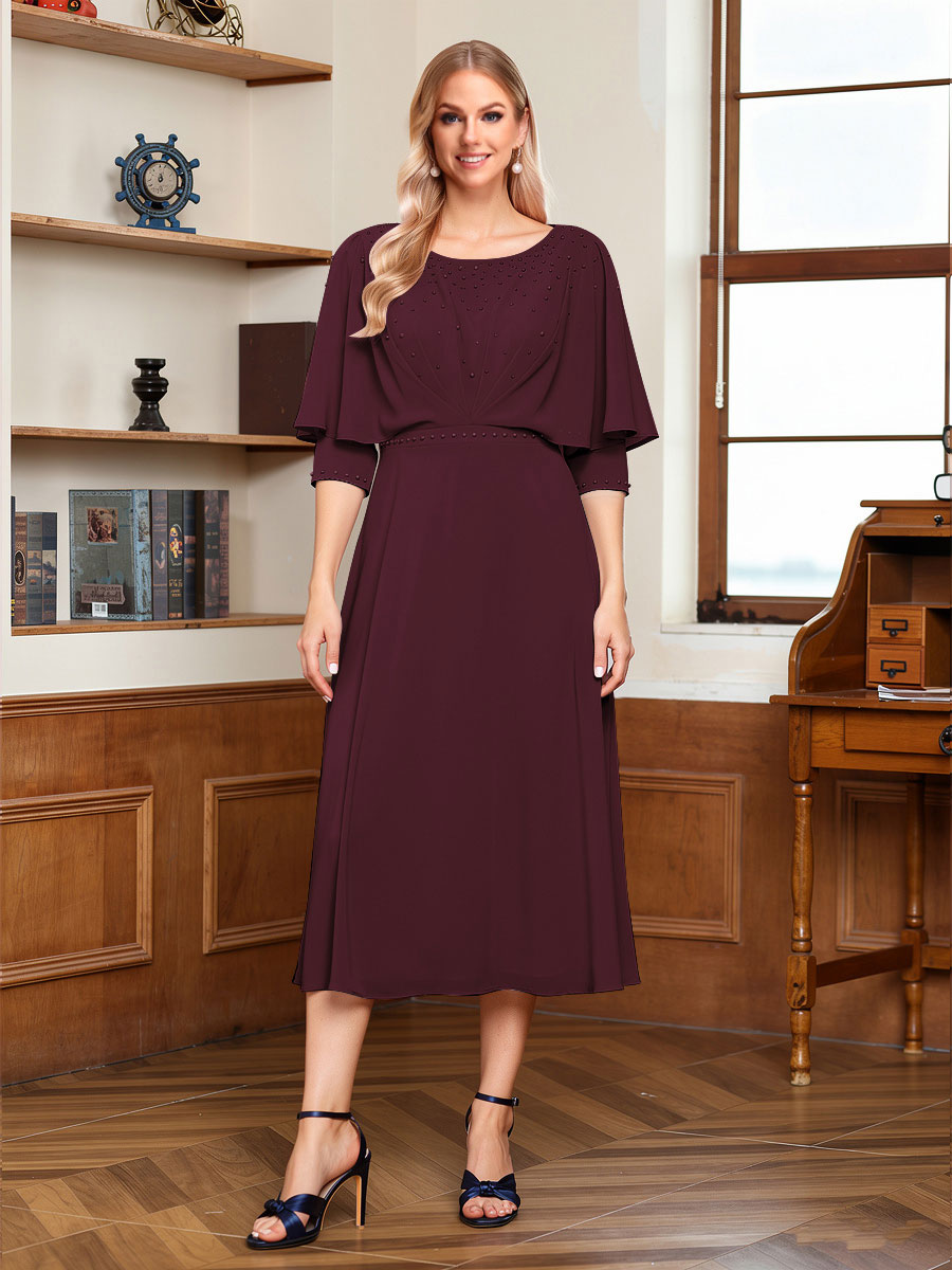 A-Line/Princess Scoop Half Sleeves Tea-Length Ruched Mother of the Bride with Beading & Cape