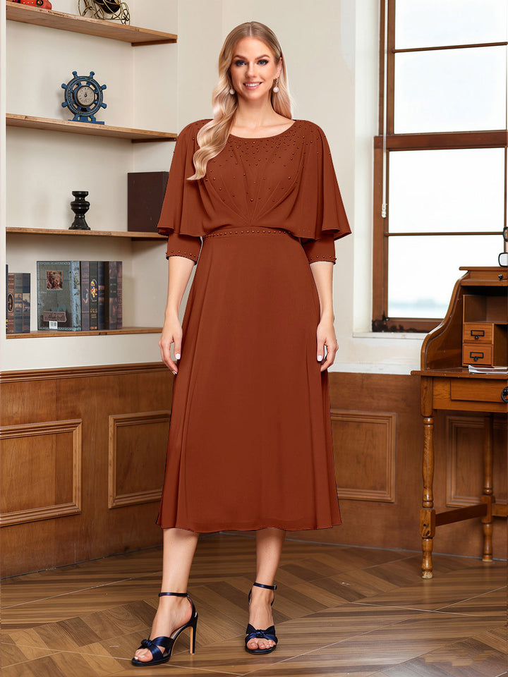A-Line/Princess Scoop Half Sleeves Tea-Length Ruched Mother of the Bride with Beading &amp; Cape