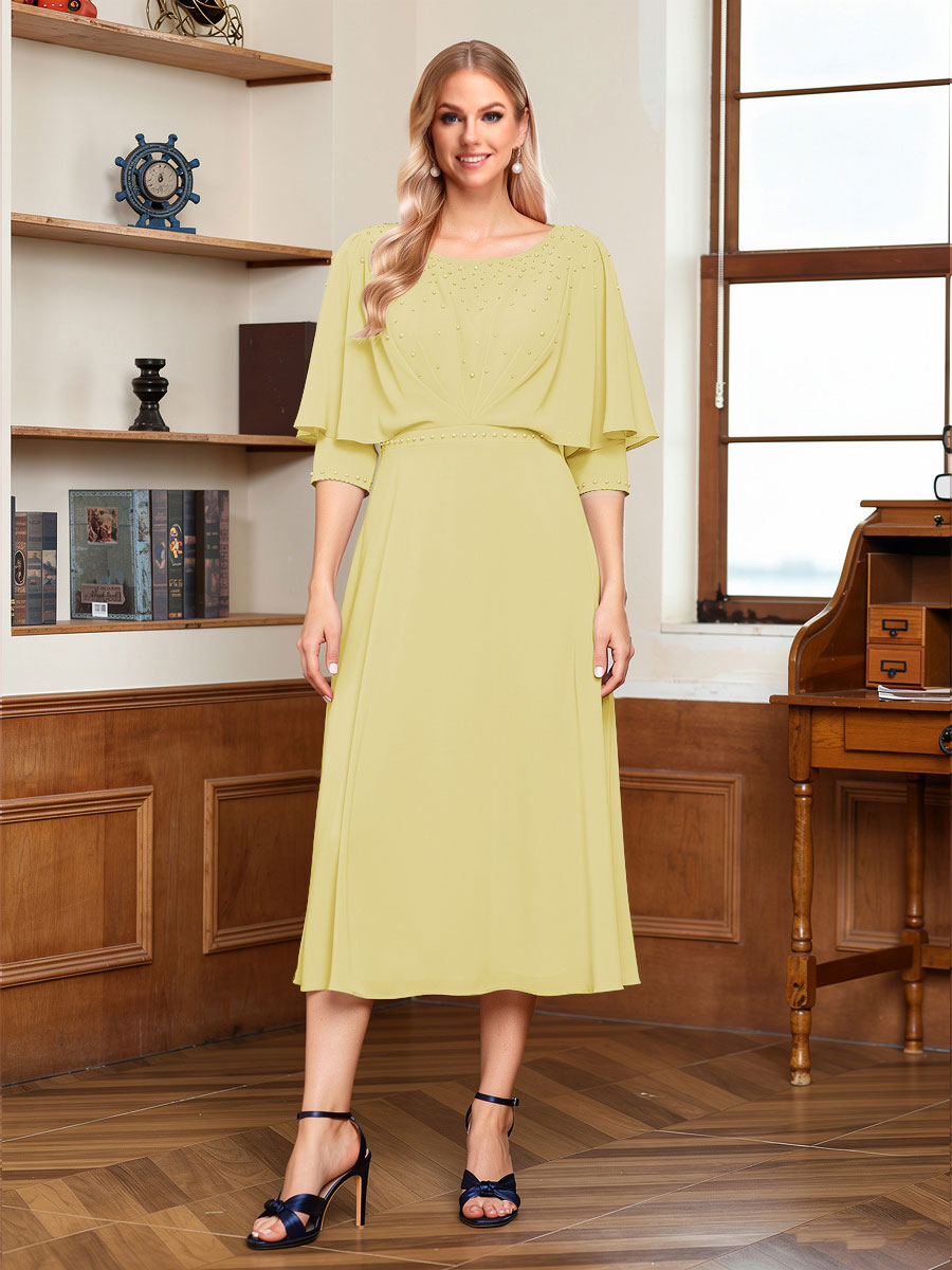 A-Line/Princess Scoop Half Sleeves Tea-Length Ruched Mother of the Bride with Beading &amp; Cape