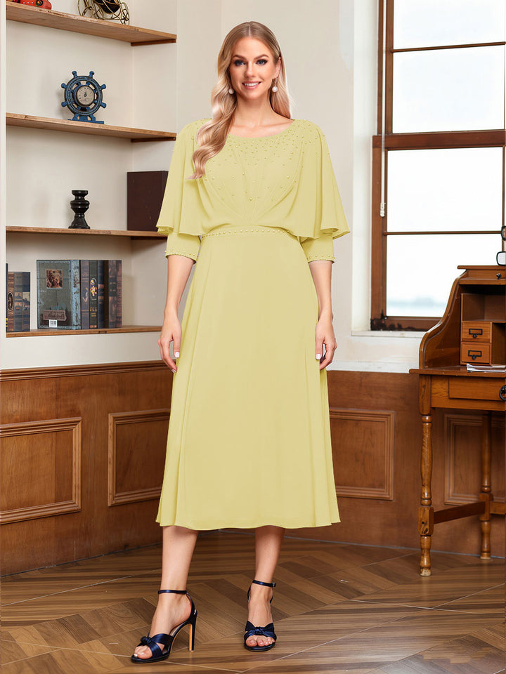A-Line/Princess Scoop Half Sleeves Tea-Length Ruched Mother of the Bride with Beading &amp; Cape