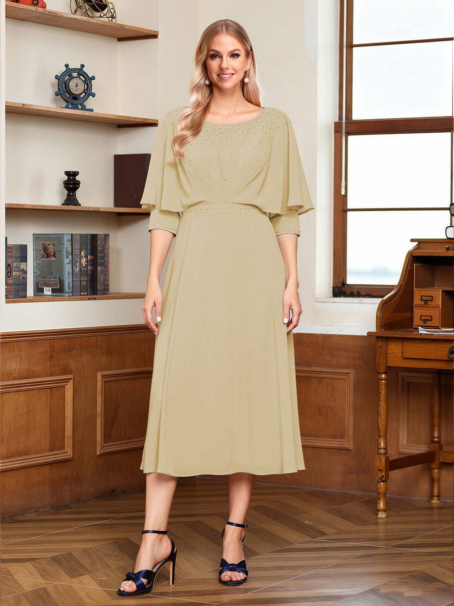 A-Line/Princess Scoop Half Sleeves Tea-Length Ruched Mother of the Bride with Beading &amp; Cape
