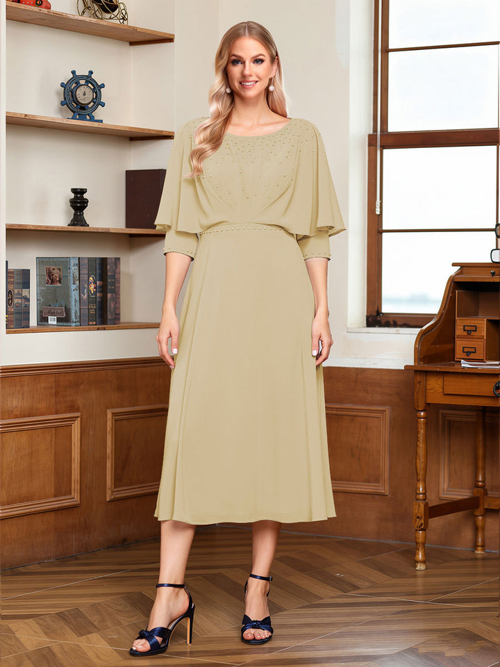 A-Line/Princess Scoop Half Sleeves Tea-Length Ruched Mother of the Bride with Beading &amp; Cape