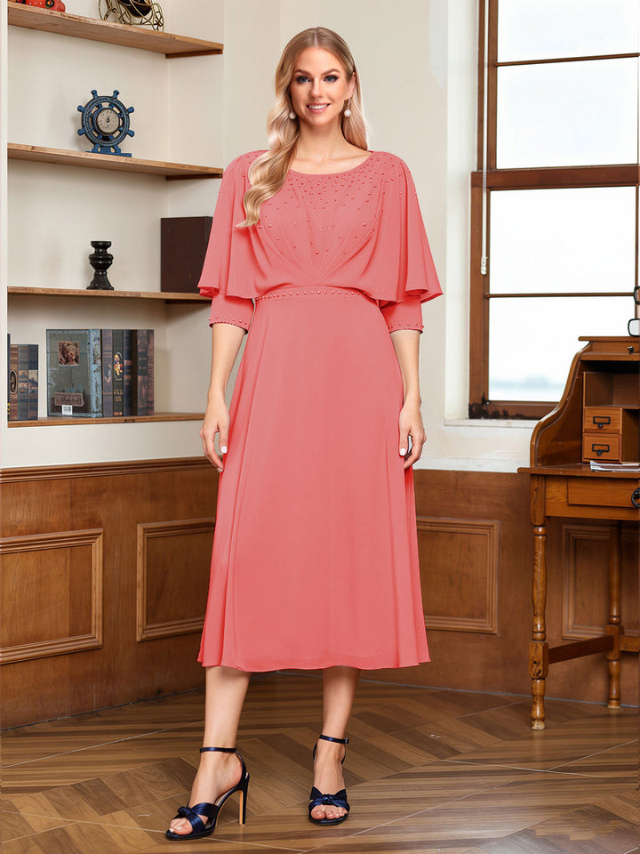 A-Line/Princess Scoop Half Sleeves Tea-Length Ruched Mother of the Bride with Beading &amp; Cape