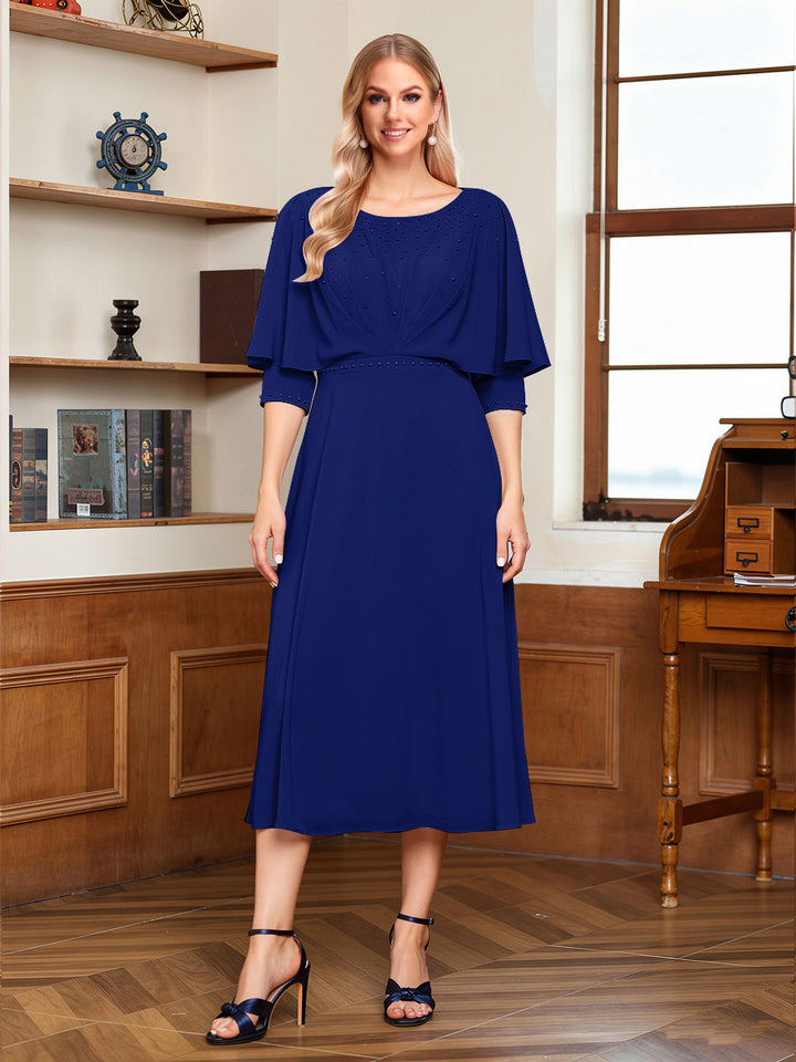 A-Line/Princess Scoop Half Sleeves Tea-Length Ruched Mother of the Bride with Beading &amp; Cape