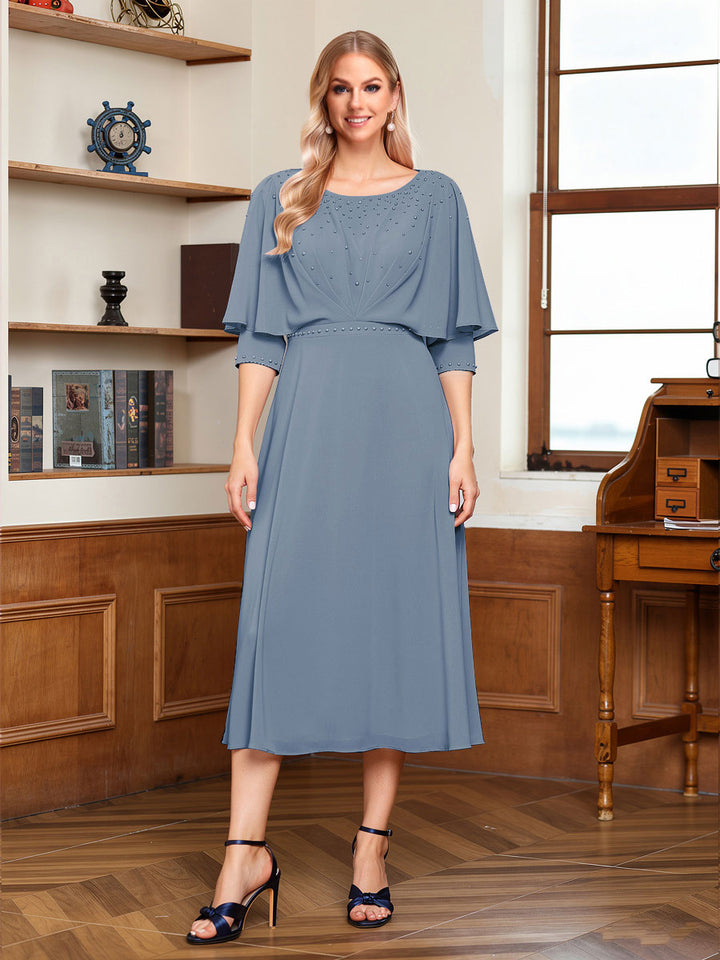 A-Line/Princess Scoop Half Sleeves Tea-Length Ruched Mother of the Bride with Beading &amp; Cape