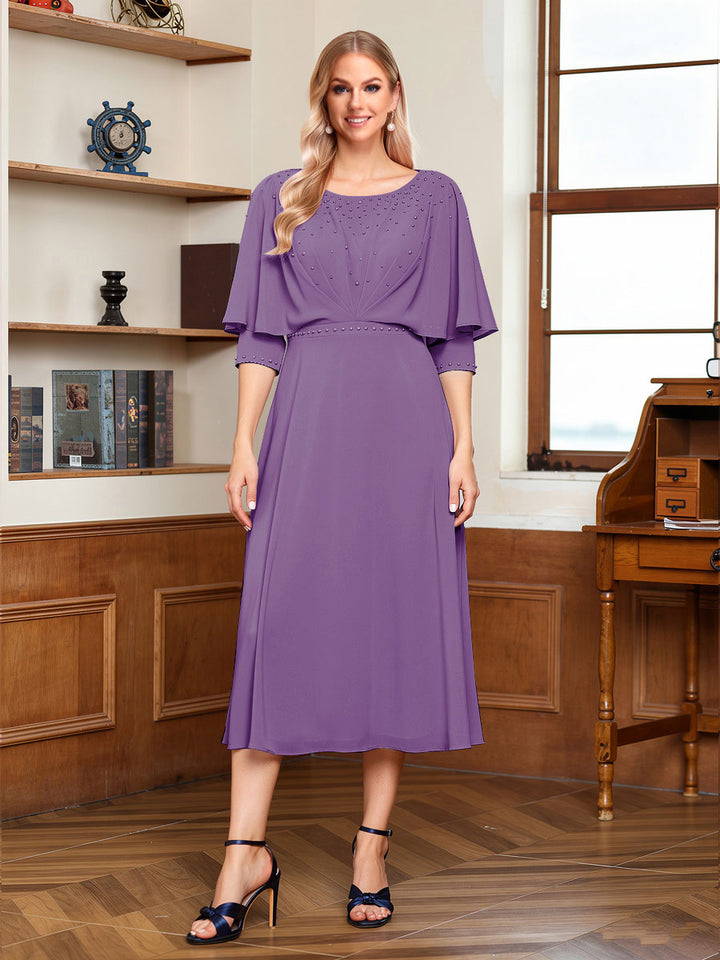 A-Line/Princess Scoop Half Sleeves Tea-Length Ruched Mother of the Bride with Beading &amp; Cape