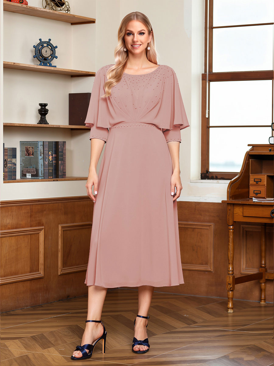A-Line/Princess Scoop Half Sleeves Tea-Length Ruched Mother of the Bride with Beading &amp; Cape