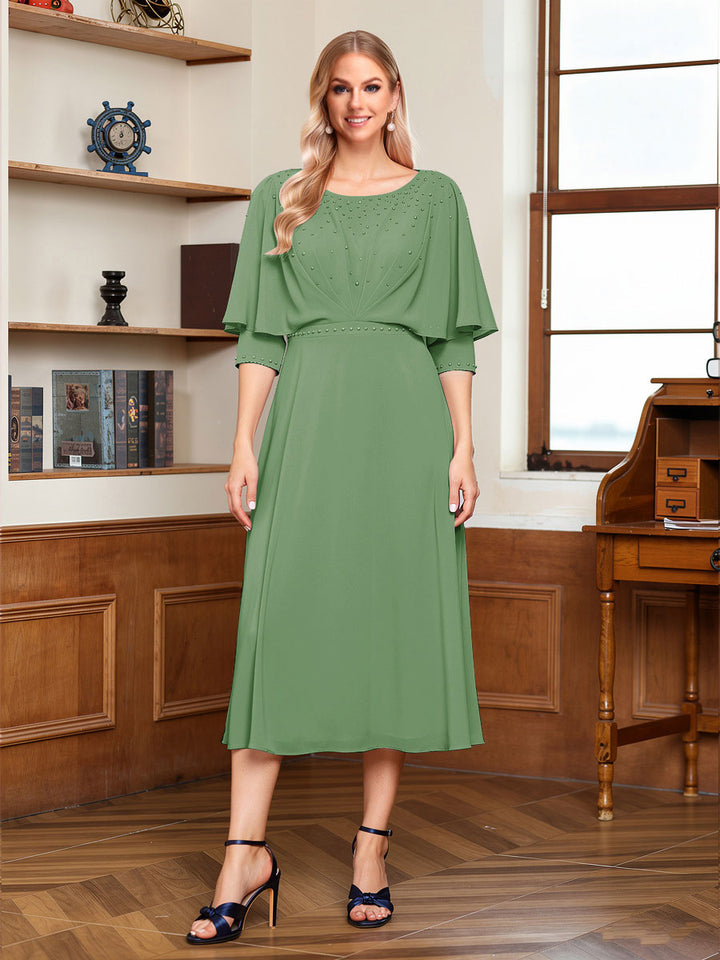 A-Line/Princess Scoop Half Sleeves Tea-Length Ruched Mother of the Bride with Beading &amp; Cape