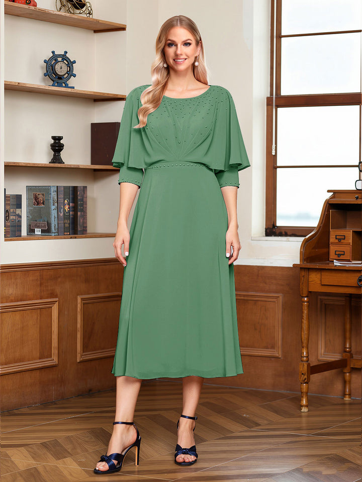 A-Line/Princess Scoop Half Sleeves Tea-Length Ruched Mother of the Bride with Beading &amp; Cape