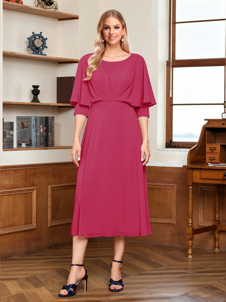 A-Line/Princess Scoop Half Sleeves Tea-Length Ruched Mother of the Bride with Beading &amp; Cape