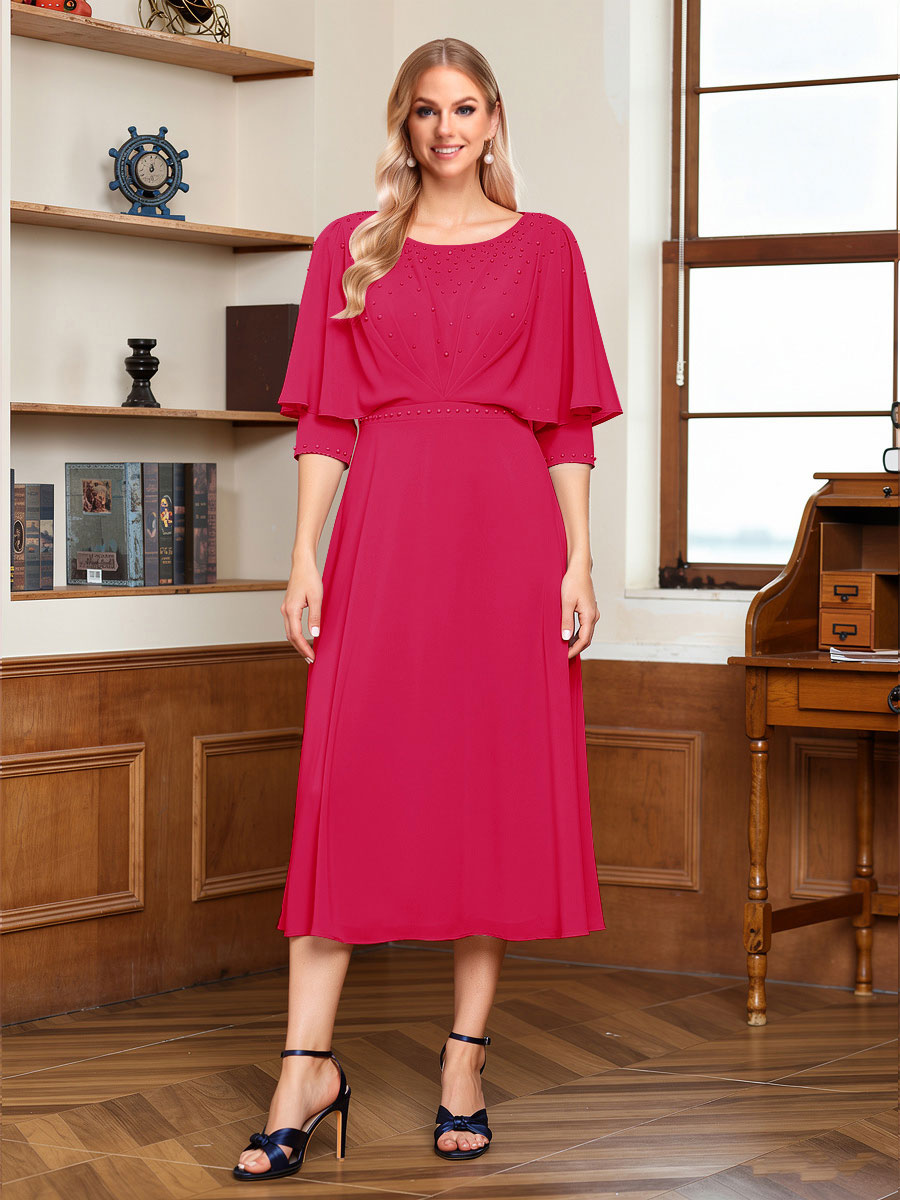 A-Line/Princess Scoop Half Sleeves Tea-Length Ruched Mother of the Bride with Beading &amp; Cape
