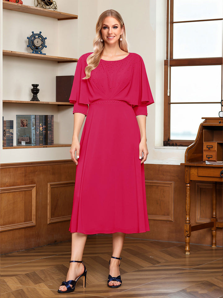 A-Line/Princess Scoop Half Sleeves Tea-Length Ruched Mother of the Bride with Beading &amp; Cape