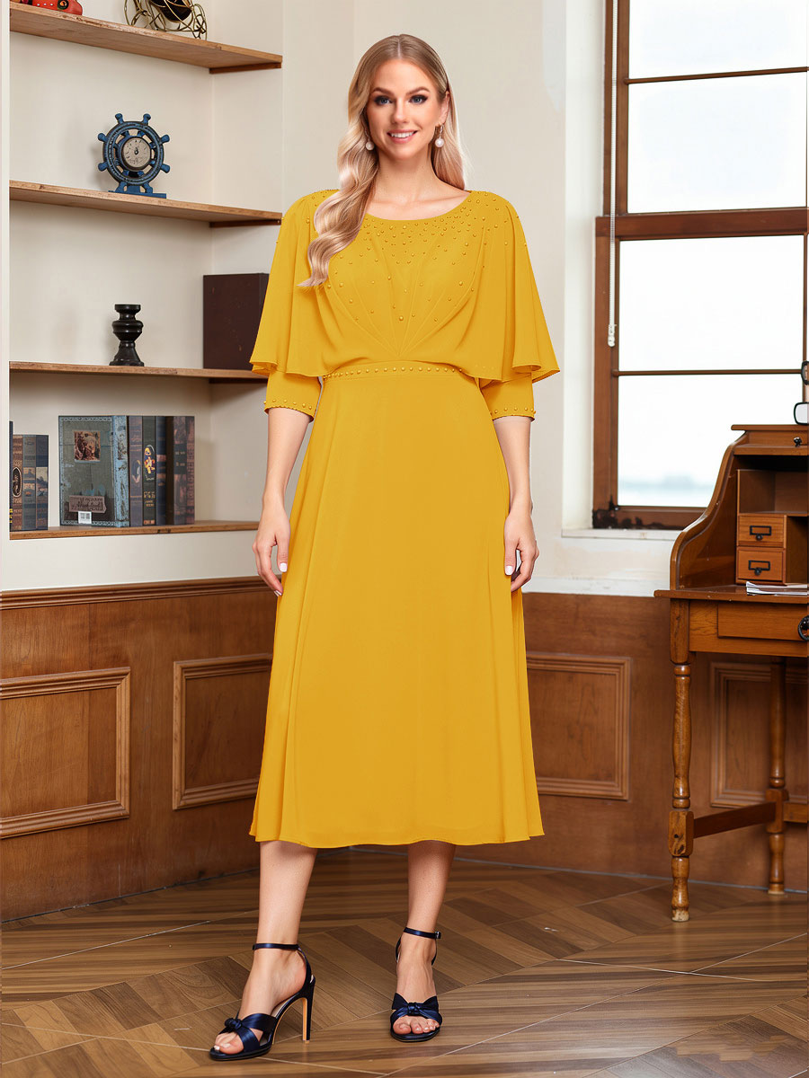 A-Line/Princess Scoop Half Sleeves Tea-Length Ruched Mother of the Bride with Beading &amp; Cape