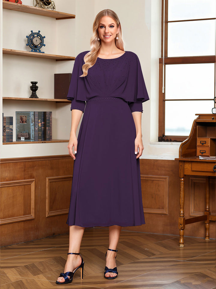 A-Line/Princess Scoop Half Sleeves Tea-Length Ruched Mother of the Bride with Beading &amp; Cape