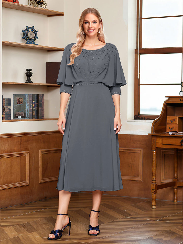 A-Line/Princess Scoop Half Sleeves Tea-Length Ruched Mother of the Bride with Beading &amp; Cape