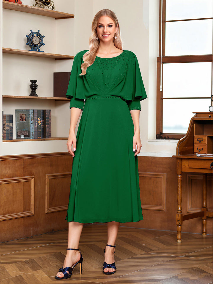 A-Line/Princess Scoop Half Sleeves Tea-Length Ruched Mother of the Bride with Beading &amp; Cape