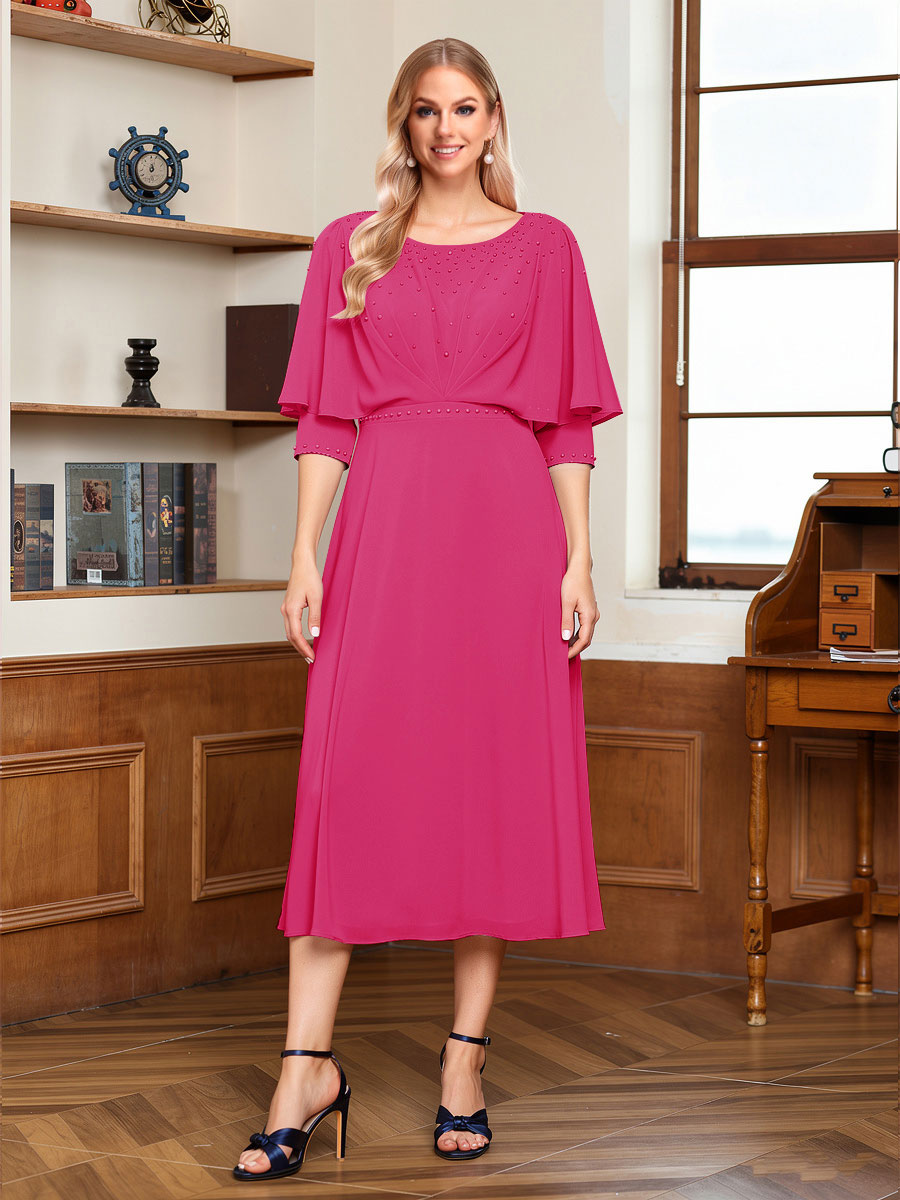 A-Line/Princess Scoop Half Sleeves Tea-Length Ruched Mother of the Bride with Beading &amp; Cape