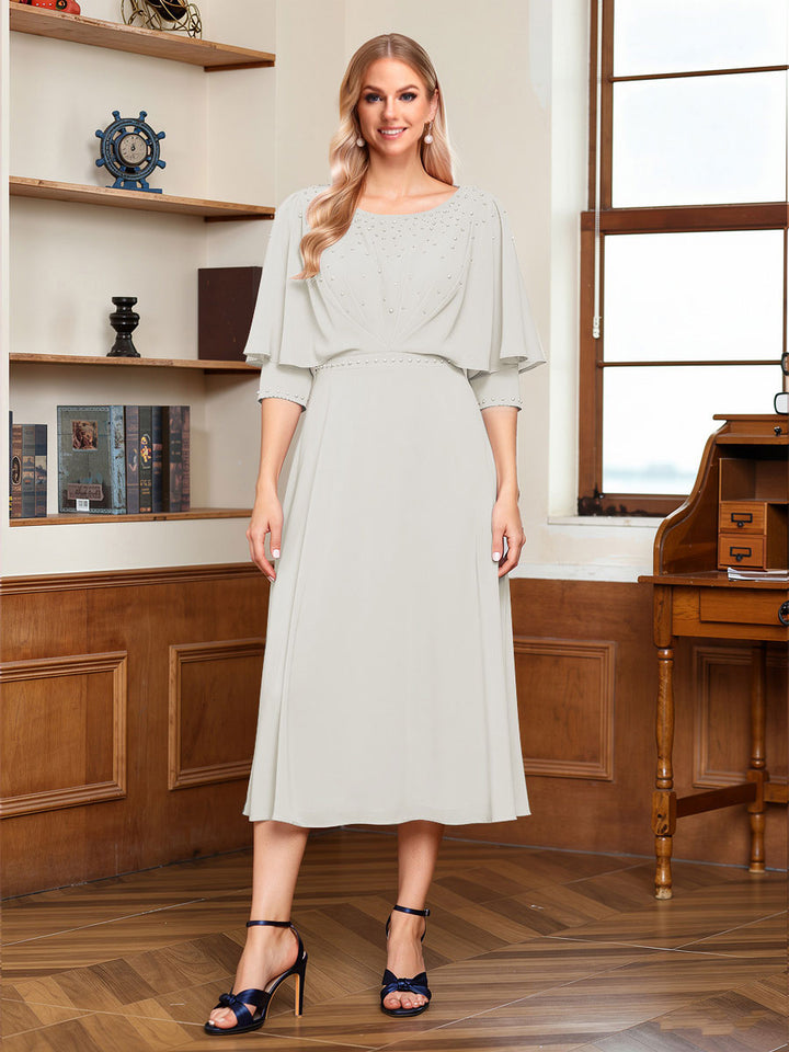 A-Line/Princess Scoop Half Sleeves Tea-Length Ruched Mother of the Bride with Beading &amp; Cape