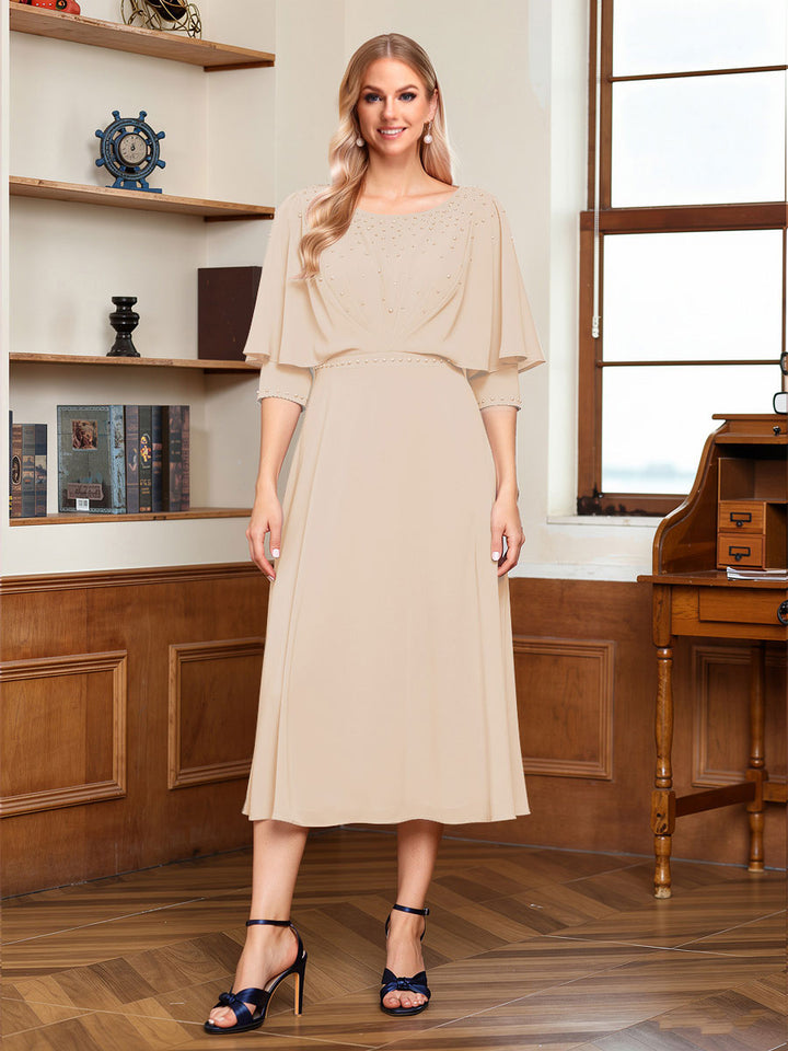 A-Line/Princess Scoop Half Sleeves Tea-Length Ruched Mother of the Bride with Beading &amp; Cape