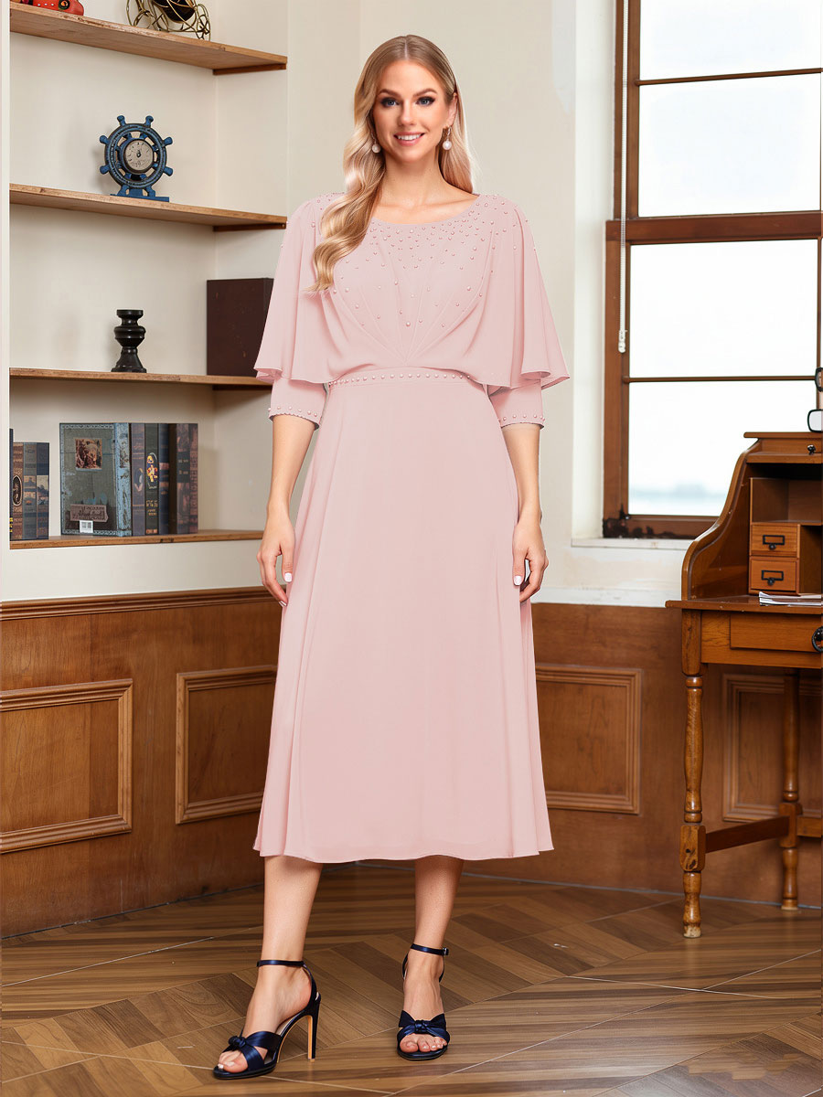 A-Line/Princess Scoop Half Sleeves Tea-Length Ruched Mother of the Bride with Beading &amp; Cape