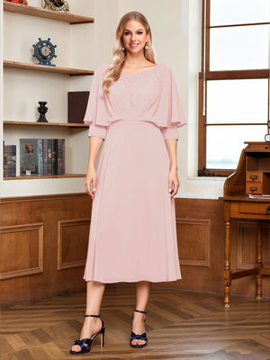 A-Line/Princess Scoop Half Sleeves Tea-Length Ruched Mother of the Bride with Beading & Cape
