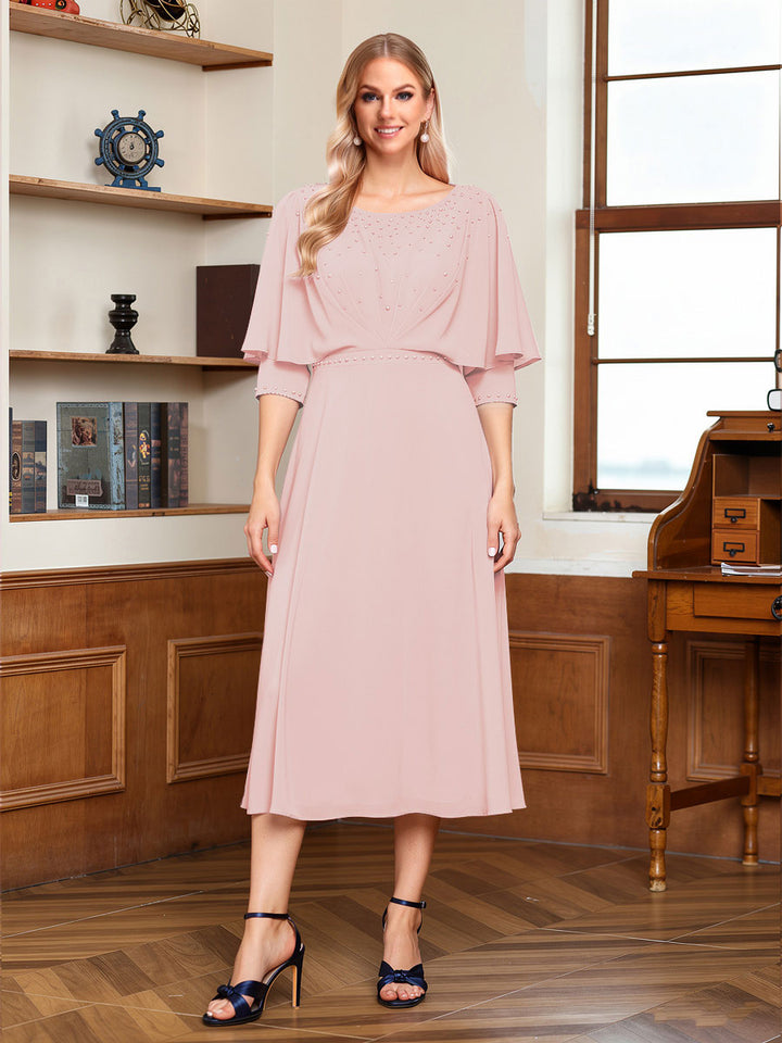 A-Line/Princess Scoop Half Sleeves Tea-Length Ruched Mother of the Bride with Beading &amp; Cape