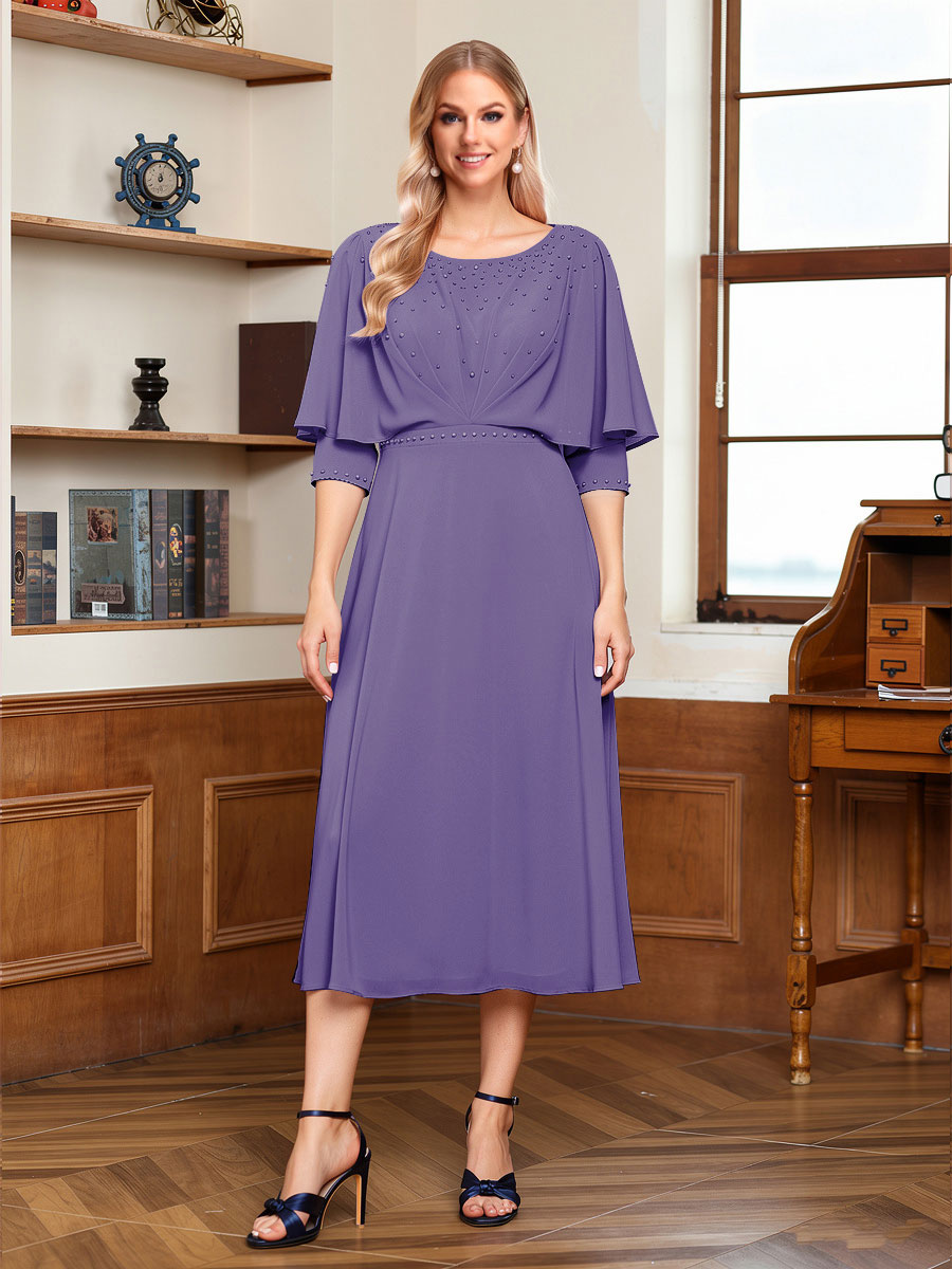 A-Line/Princess Scoop Half Sleeves Tea-Length Ruched Mother of the Bride with Beading &amp; Cape