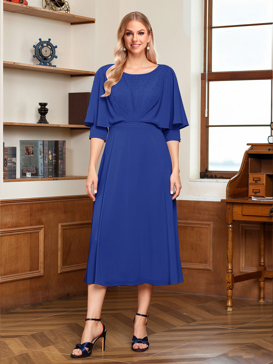 A-Line/Princess Scoop Half Sleeves Tea-Length Ruched Mother of the Bride with Beading &amp; Cape