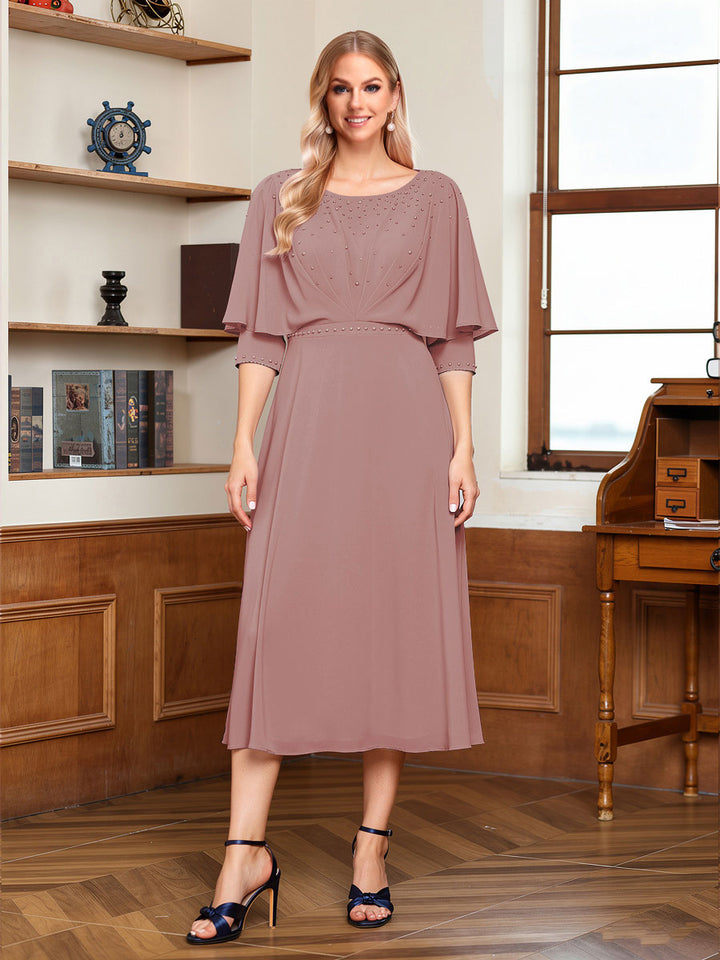 A-Line/Princess Scoop Half Sleeves Tea-Length Ruched Mother of the Bride with Beading &amp; Cape