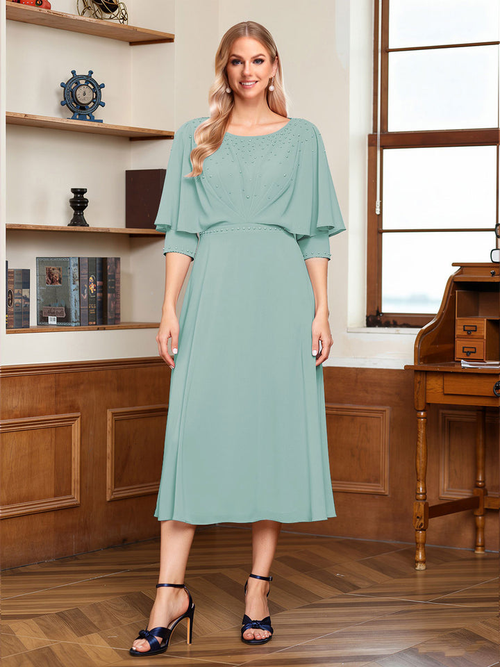 A-Line/Princess Scoop Half Sleeves Tea-Length Ruched Mother of the Bride with Beading &amp; Cape
