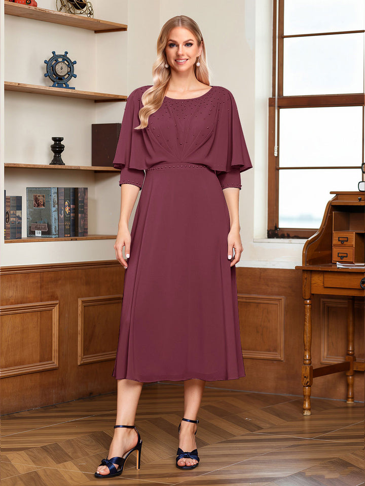 A-Line/Princess Scoop Half Sleeves Tea-Length Ruched Mother of the Bride with Beading &amp; Cape