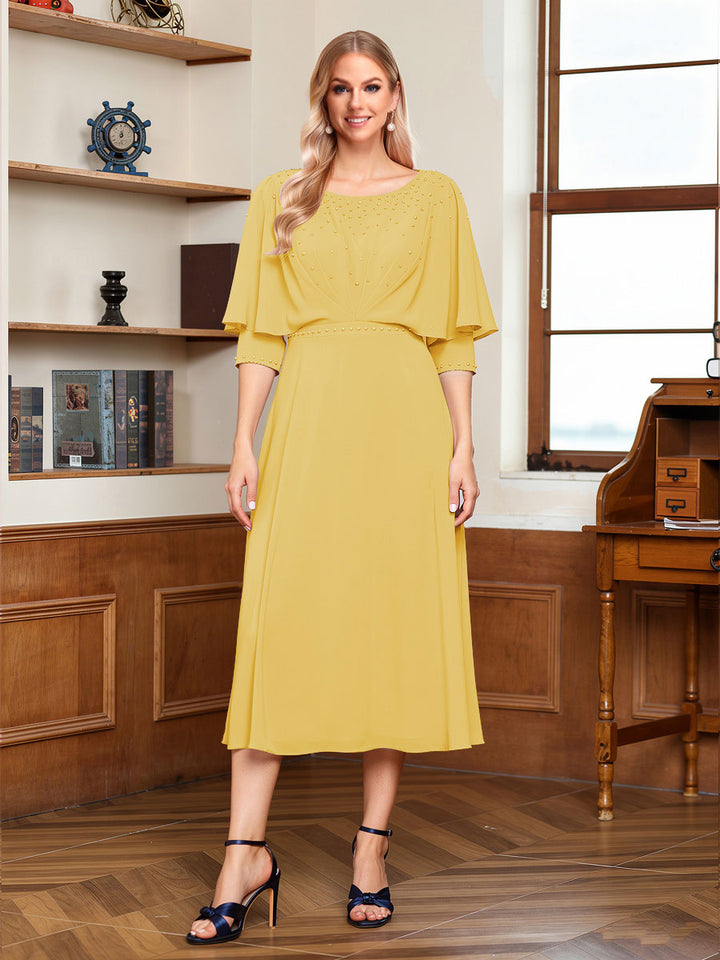 A-Line/Princess Scoop Half Sleeves Tea-Length Ruched Mother of the Bride with Beading &amp; Cape