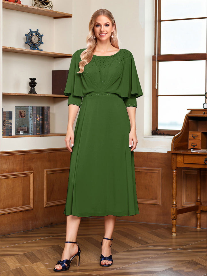 A-Line/Princess Scoop Half Sleeves Tea-Length Ruched Mother of the Bride with Beading &amp; Cape