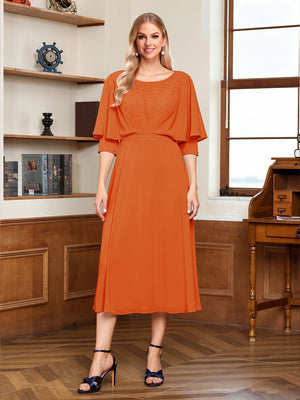 A-Line/Princess Scoop Half Sleeves Tea-Length Ruched Mother of the Bride with Beading & Cape