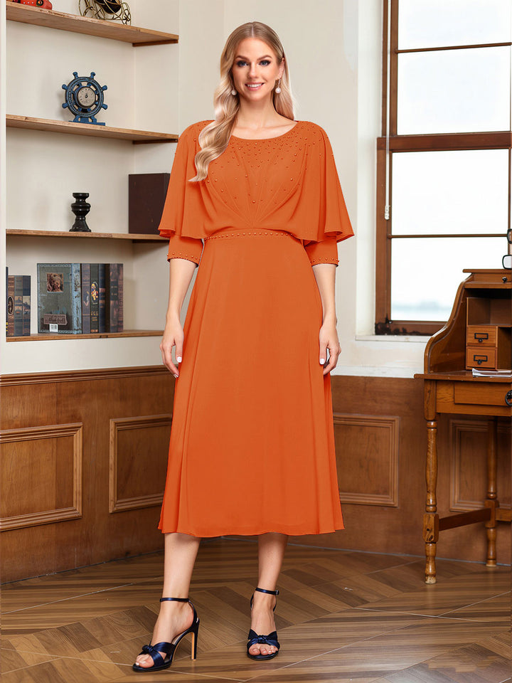 A-Line/Princess Scoop Half Sleeves Tea-Length Ruched Mother of the Bride with Beading &amp; Cape