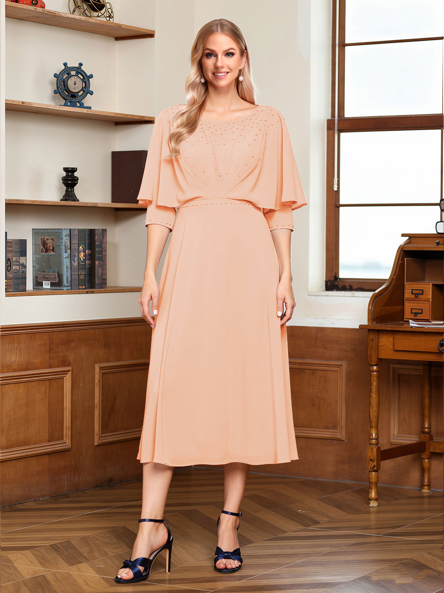 A-Line/Princess Scoop Half Sleeves Tea-Length Ruched Mother of the Bride with Beading &amp; Cape