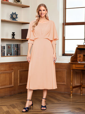 A-Line/Princess Scoop Half Sleeves Tea-Length Ruched Mother of the Bride with Beading & Cape