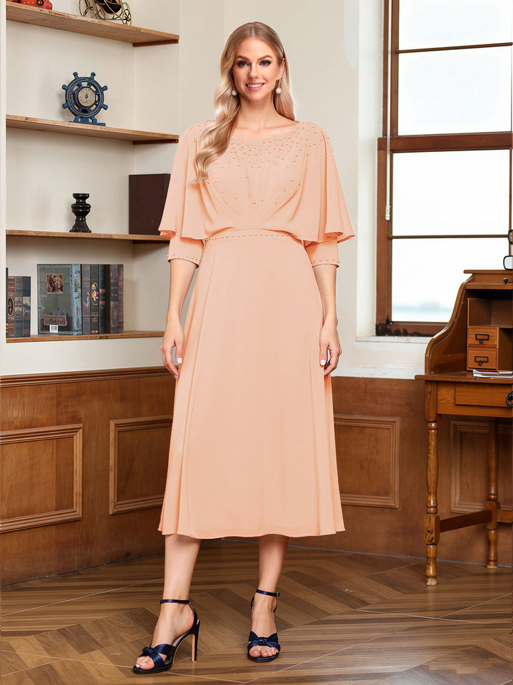 A-Line/Princess Scoop Half Sleeves Tea-Length Ruched Mother of the Bride with Beading &amp; Cape