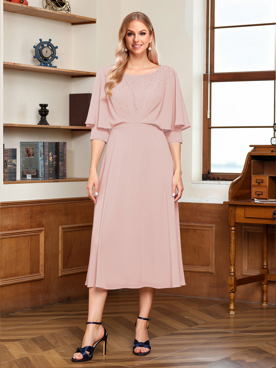 A-Line/Princess Scoop Half Sleeves Tea-Length Ruched Mother of the Bride with Beading &amp; Cape