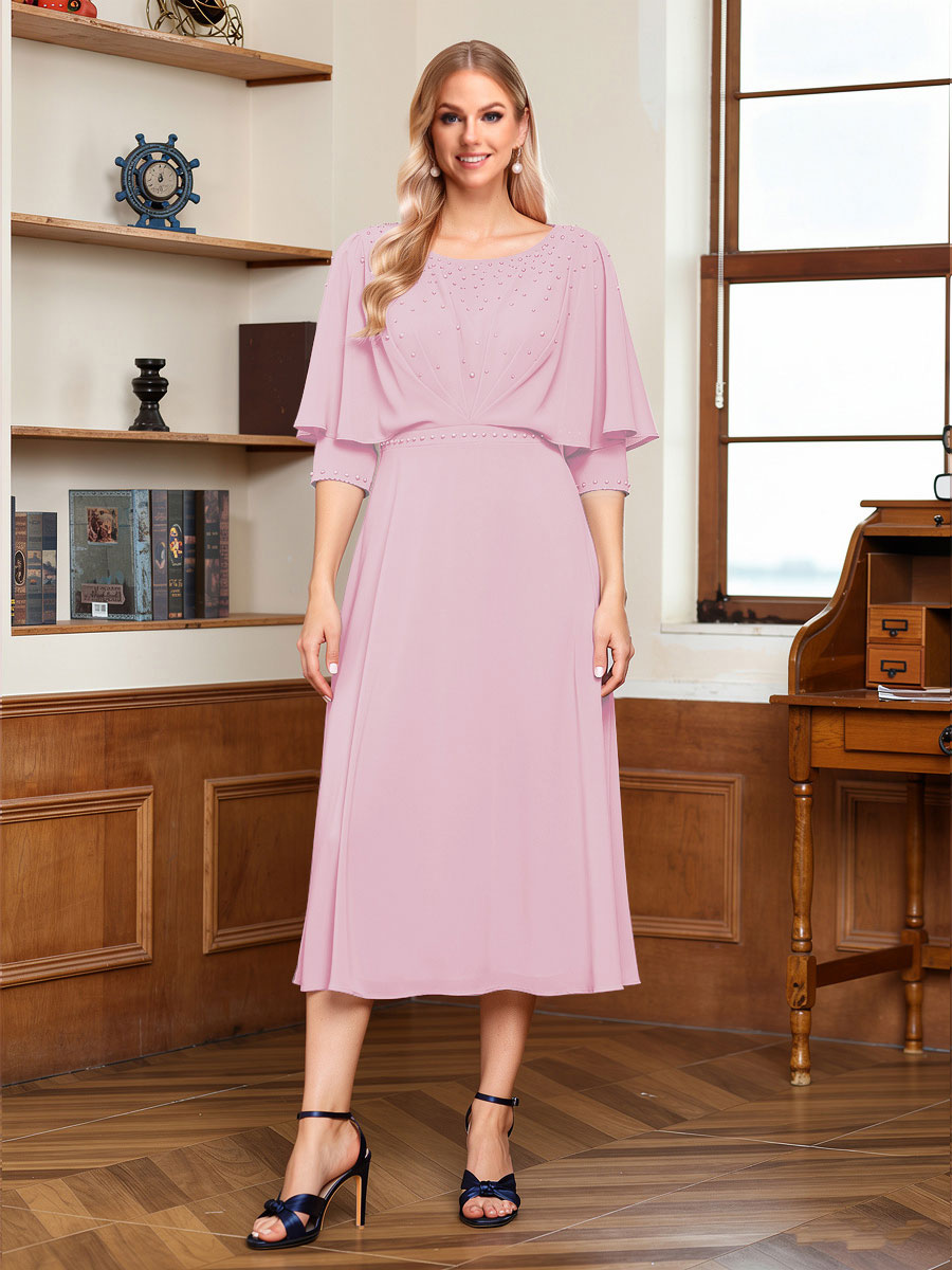 A-Line/Princess Scoop Half Sleeves Tea-Length Ruched Mother of the Bride with Beading &amp; Cape