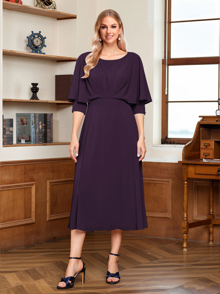 A-Line/Princess Scoop Half Sleeves Tea-Length Ruched Mother of the Bride with Beading &amp; Cape