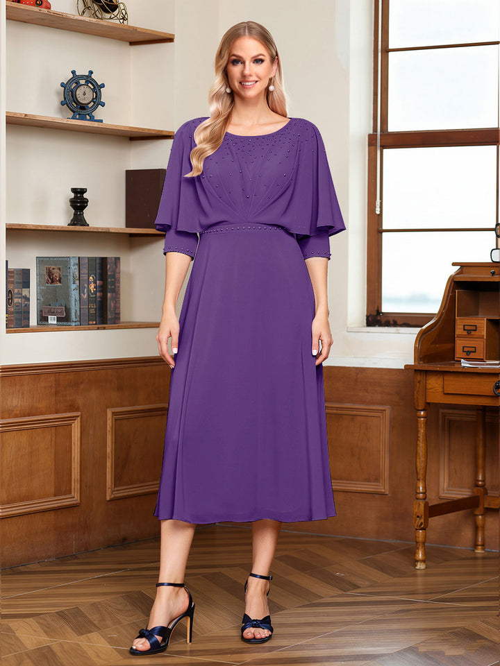 A-Line/Princess Scoop Half Sleeves Tea-Length Ruched Mother of the Bride with Beading &amp; Cape