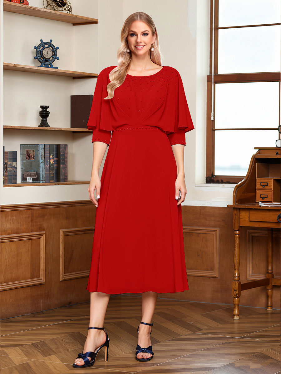 A-Line/Princess Scoop Half Sleeves Tea-Length Ruched Mother of the Bride with Beading &amp; Cape
