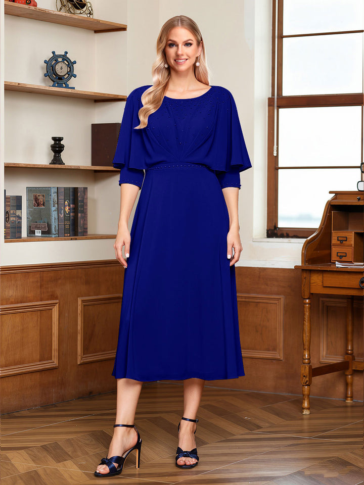 A-Line/Princess Scoop Half Sleeves Tea-Length Ruched Mother of the Bride with Beading &amp; Cape