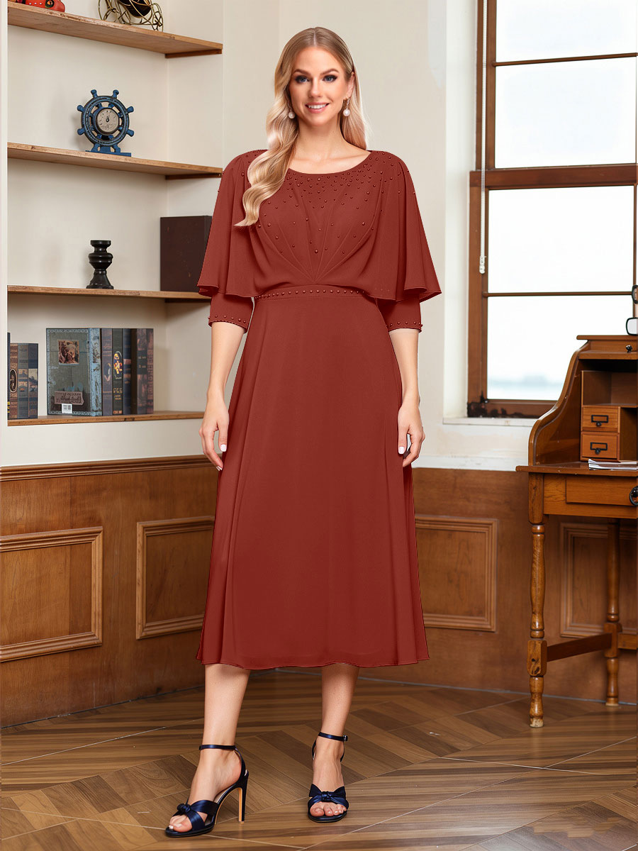 A-Line/Princess Scoop Half Sleeves Tea-Length Ruched Mother of the Bride with Beading &amp; Cape