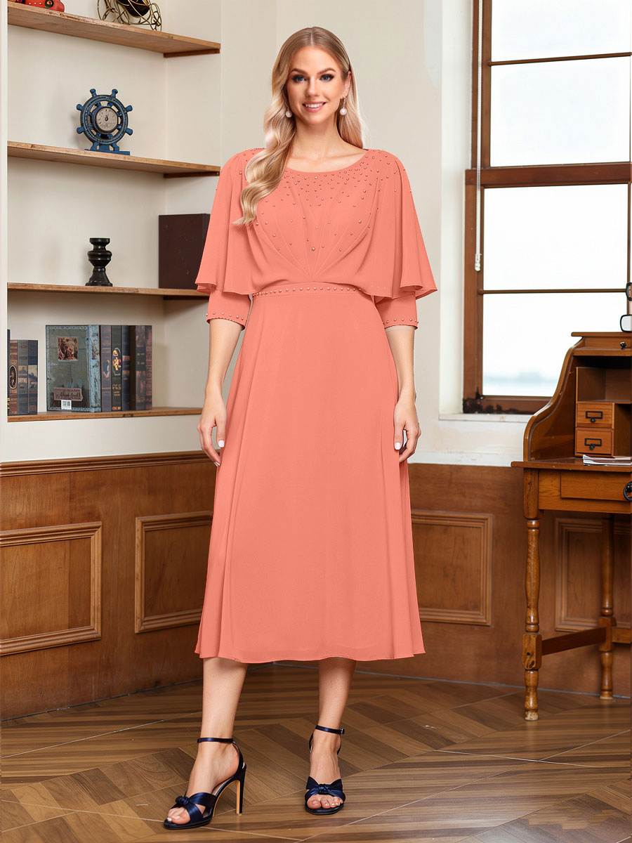 A-Line/Princess Scoop Half Sleeves Tea-Length Ruched Mother of the Bride with Beading &amp; Cape