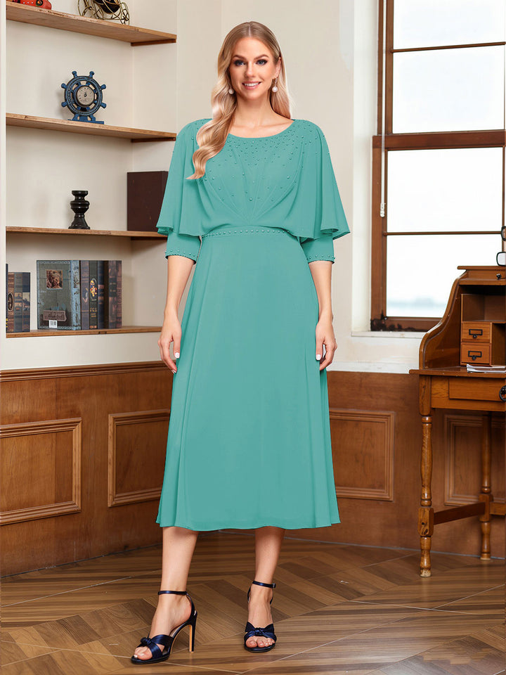 A-Line/Princess Scoop Half Sleeves Tea-Length Ruched Mother of the Bride with Beading &amp; Cape