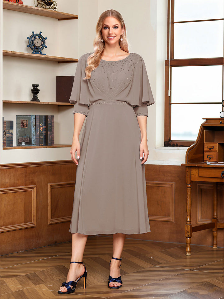 A-Line/Princess Scoop Half Sleeves Tea-Length Ruched Mother of the Bride with Beading &amp; Cape